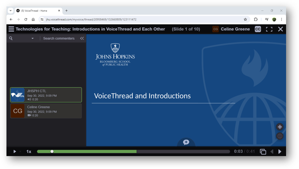 The legacy VoiceThread presentation, as shown in this screen clipping, does not have the pop-up slide gallery along the bottom.